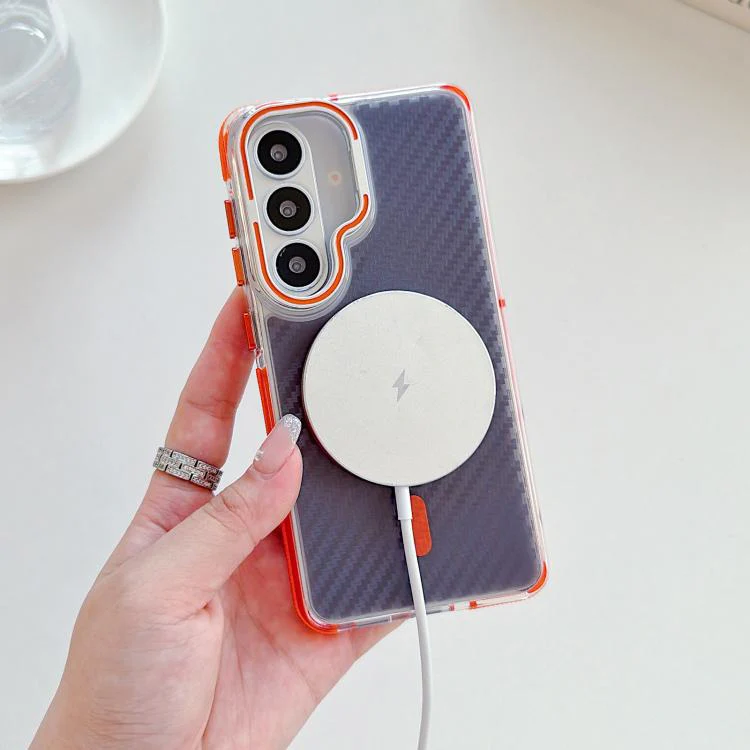 For Galaxy S26 5G Dual-Color Carbon Fiber Texture Lens Kickstand Magnetic Phone Case(Orange) - Image 5