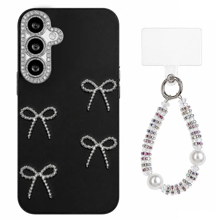 For Galaxy S26 5G Electroplated Bowknot Dopamine Color Skin-Friendly IMD Phone Case with Beaded Wrist Strap(Black)