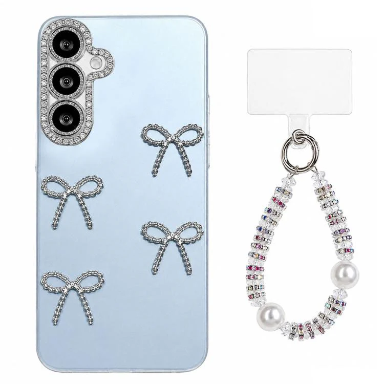 For Galaxy S26+ 5G Electroplated Bowknot Dopamine Color Skin-Friendly IMD Phone Case with Beaded Wrist Strap(Blue)
