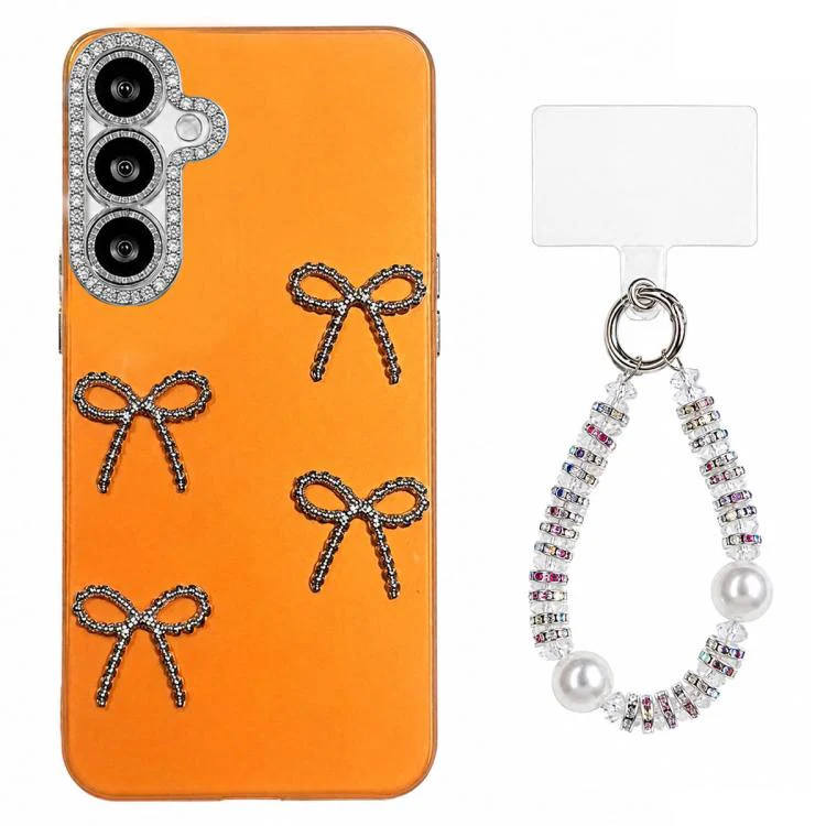 For Galaxy S26 5G Electroplated Bowknot Dopamine Color Skin-Friendly IMD Phone Case with Beaded Wrist Strap(Orange)