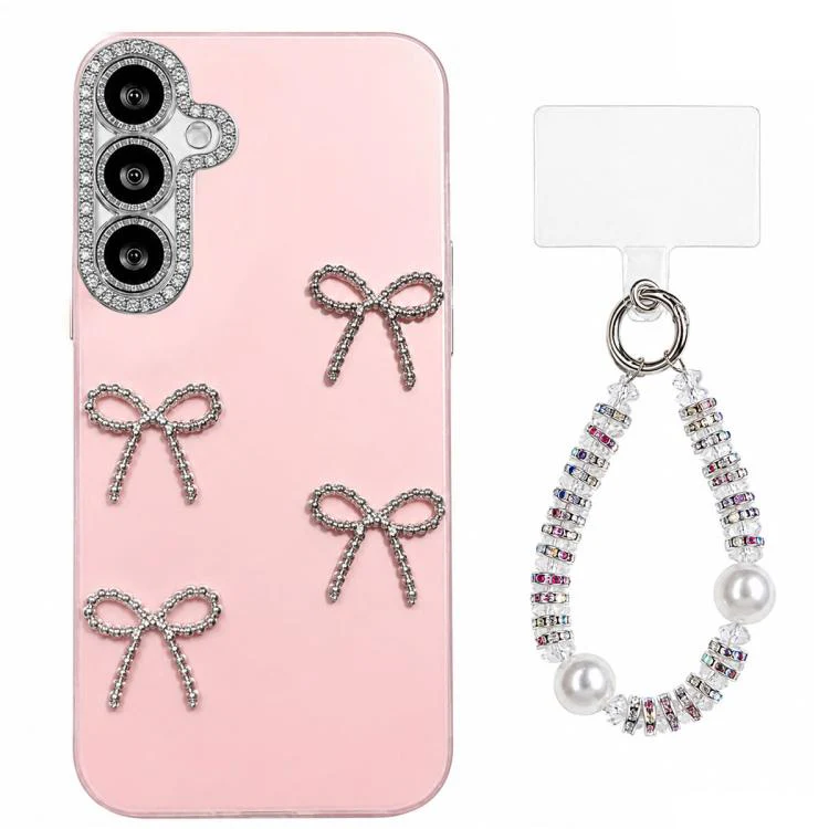 For Galaxy S26 5G Electroplated Bowknot Dopamine Color Skin-Friendly IMD Phone Case with Beaded Wrist Strap(Pink)