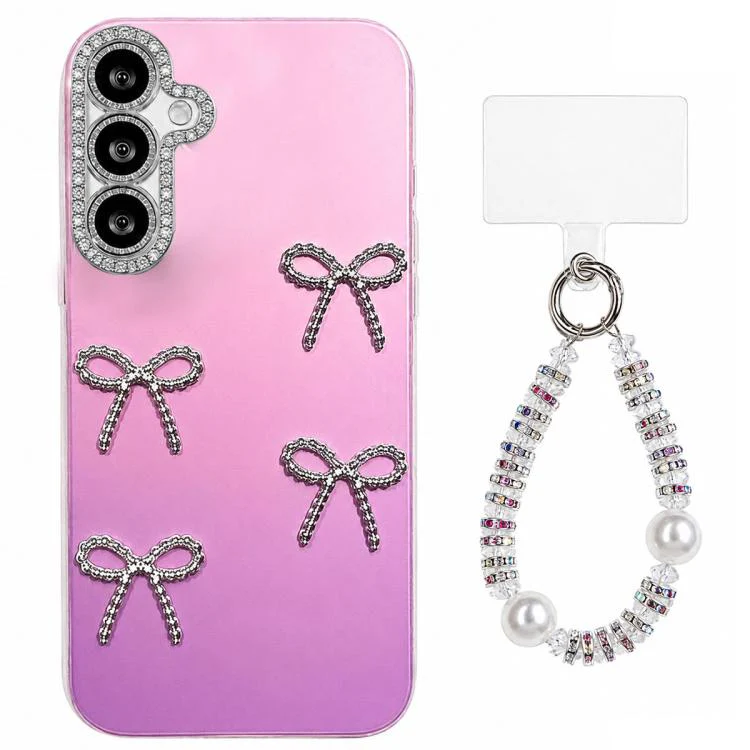 For Galaxy S26+ 5G Electroplated Bowknot Dopamine Color Skin-Friendly IMD Phone Case with Beaded Wrist Strap(Purple)