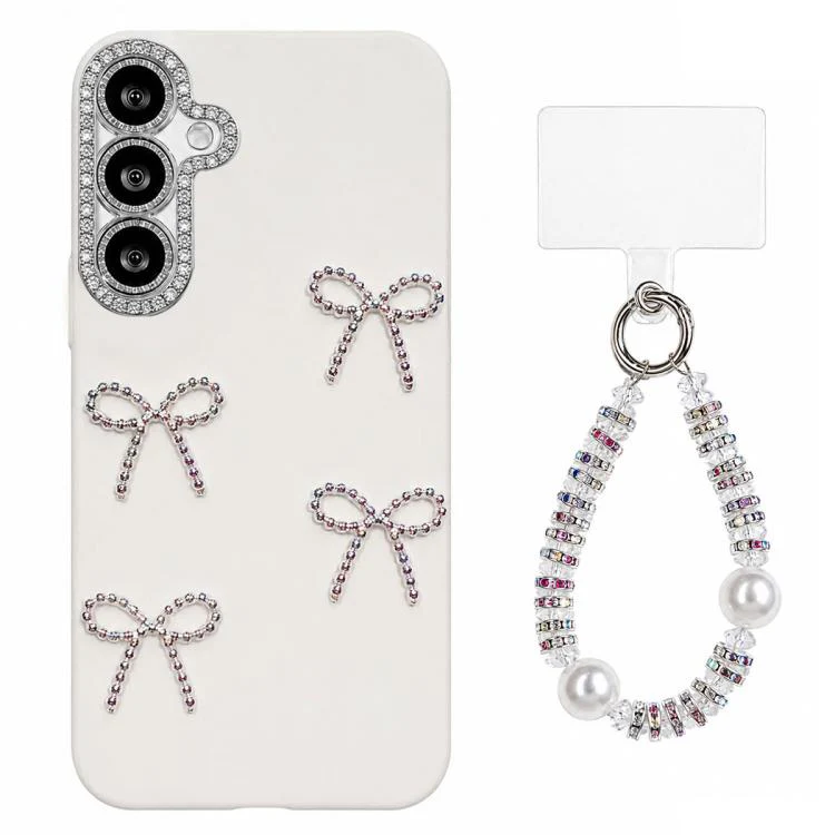 For Galaxy S26+ 5G Electroplated Bowknot Dopamine Color Skin-Friendly IMD Phone Case with Beaded Wrist Strap(White)