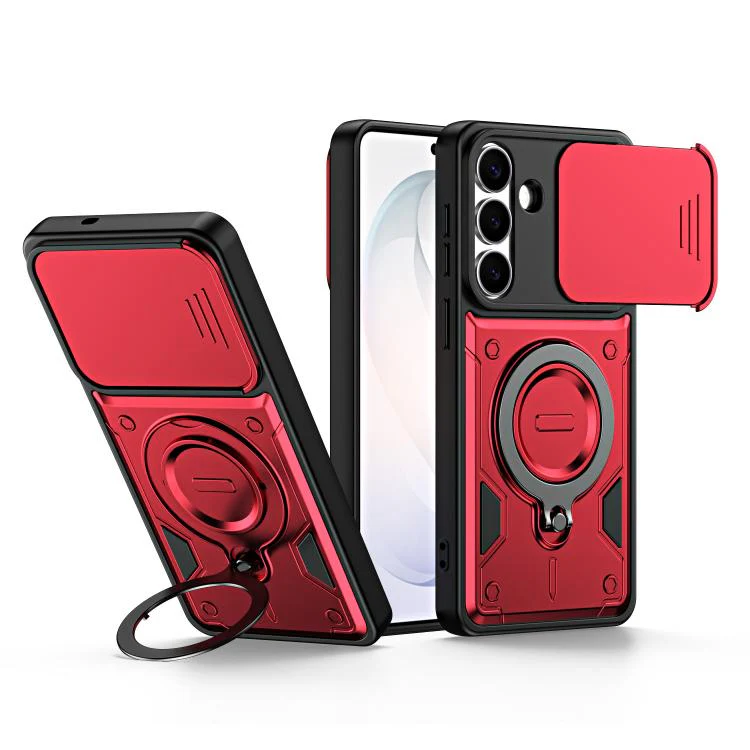 For Galaxy S26 5G Ring Holder Lens Slide Cover Phone Case(Red)