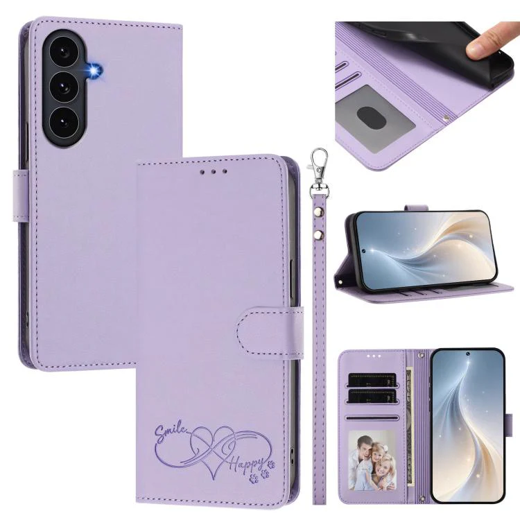 For Galaxy S26 Edge 5G Happy Heart Pattern Magnetic Closure Vegan Leather Phone Case with Wrist Strap(Light Purple)