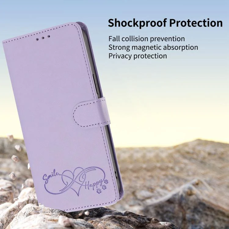 For Galaxy S26 Edge 5G Happy Heart Pattern Magnetic Closure Vegan Leather Phone Case with Wrist Strap(Light Purple) - Image 6