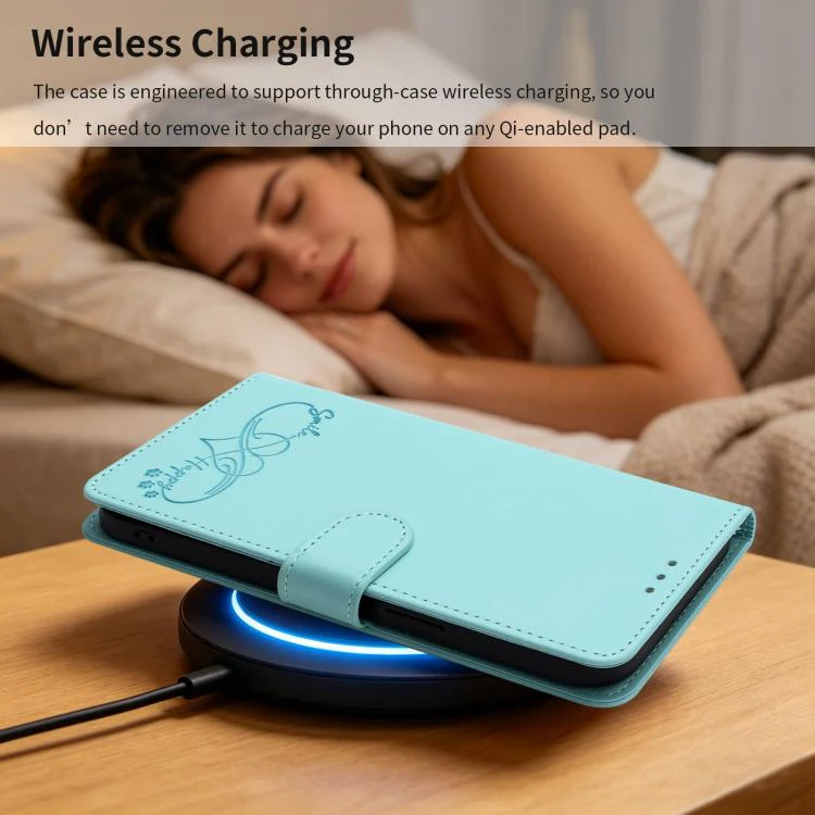 For Galaxy S26 Edge 5G Happy Heart Pattern Magnetic Closure Vegan Leather Phone Case with Wrist Strap(Mint Green) - Image 11