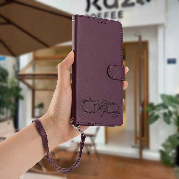 For Galaxy S26 Edge 5G Happy Heart Pattern Magnetic Closure Vegan Leather Phone Case with Wrist Strap(Violet) - Image 9
