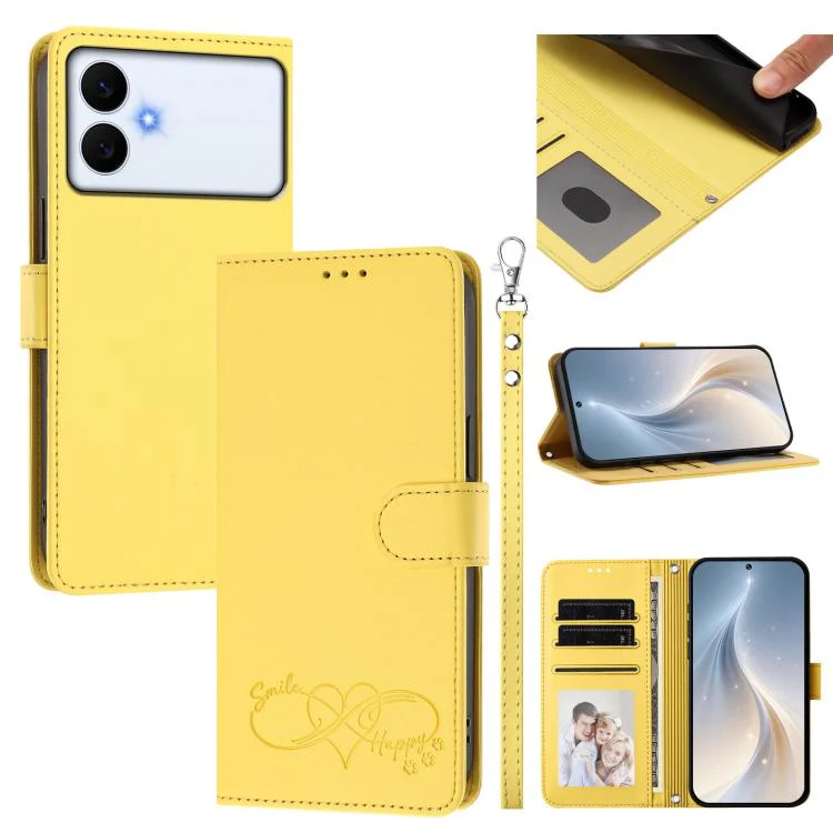 For Galaxy S26 Edge 5G Happy Heart Pattern Magnetic Closure Vegan Leather Phone Case with Wrist Strap(Yellow)
