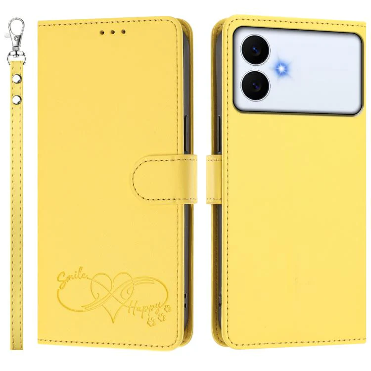 For Galaxy S26 Edge 5G Happy Heart Pattern Magnetic Closure Vegan Leather Phone Case with Wrist Strap(Yellow) - Image 2