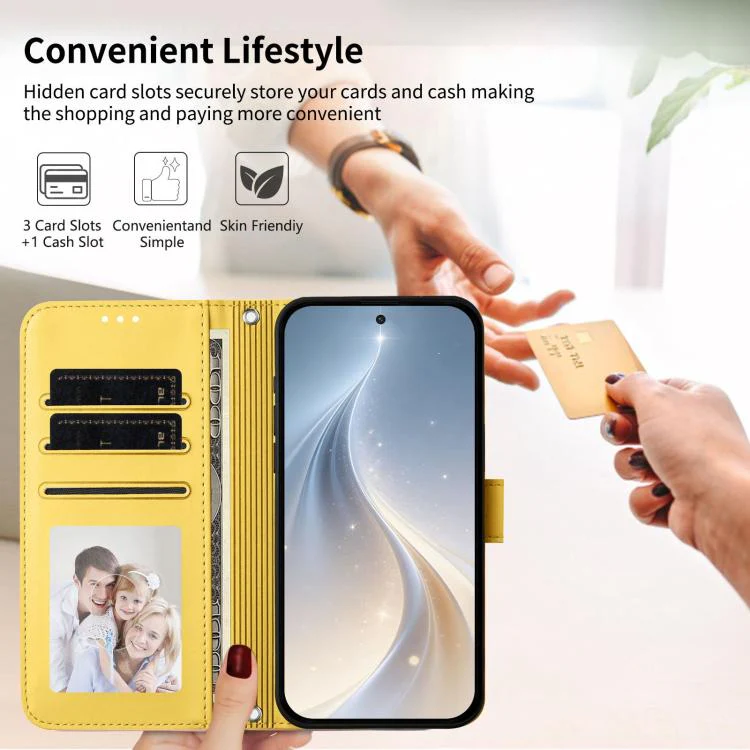 For Galaxy S26 Edge 5G Happy Heart Pattern Magnetic Closure Vegan Leather Phone Case with Wrist Strap(Yellow) - Image 4