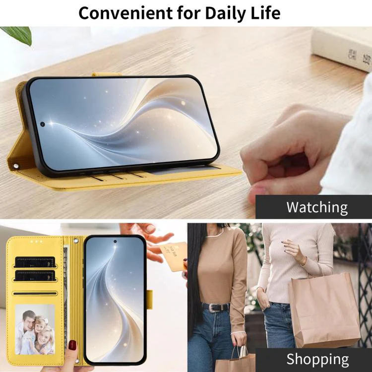 For Galaxy S26 Edge 5G Happy Heart Pattern Magnetic Closure Vegan Leather Phone Case with Wrist Strap(Yellow) - Image 5