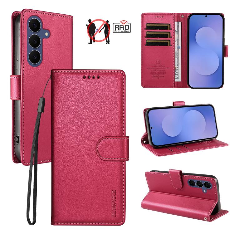 For Galaxy S26 FE 5G BETOPNICE Pearlescent RFID Vegan Leather Phone Case with Strap(Red)
