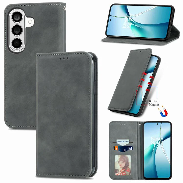 For Galaxy S26 FE 5G Retro Skin Feel Magnetic Leather Phone Case(Gray)
