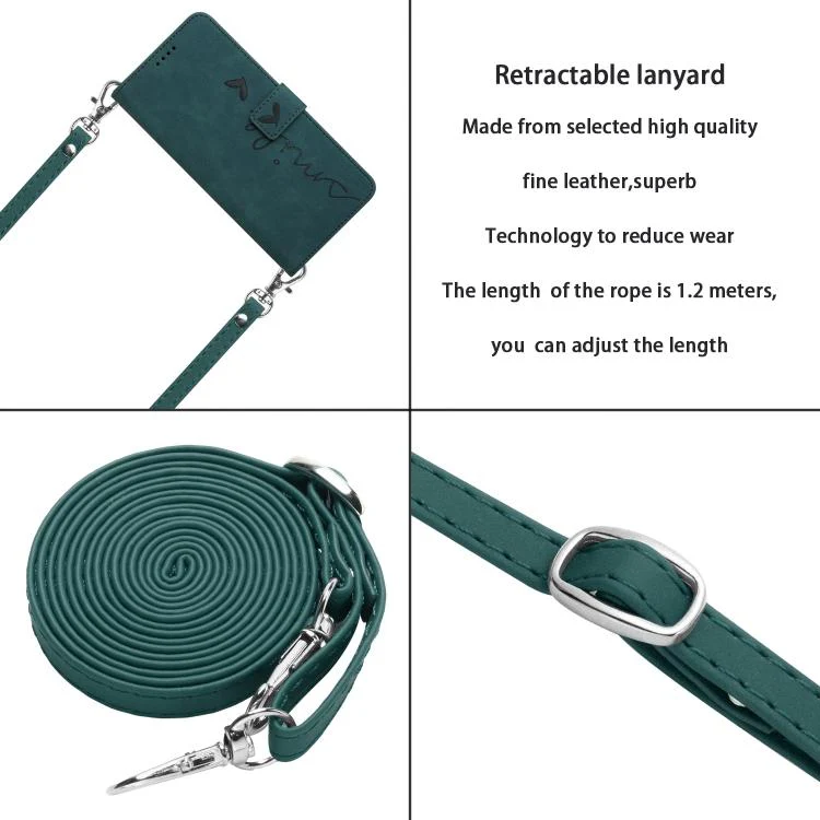 For Galaxy S26 FE 5G Skin Feel Heart Embossed Leather Phone Case with Long Lanyard(Green) - Image 7