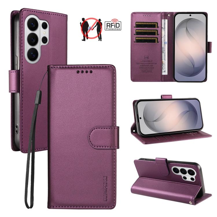 For Galaxy S26 Ultra 5G BETOPNICE Pearlescent RFID Vegan Leather Phone Case with Strap(Purple)