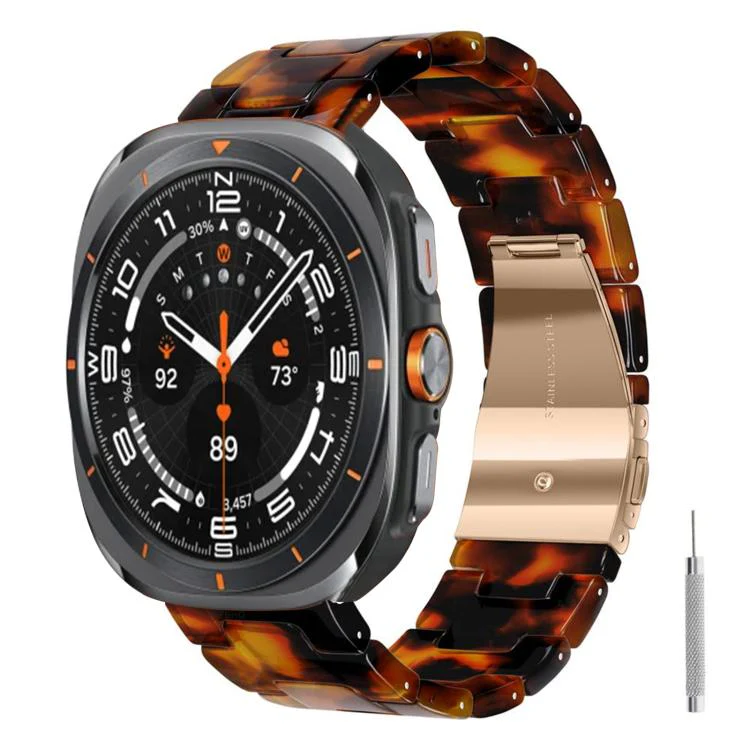 For Galaxy Watch Ultra 47mm / Ultra 2025 Butterfly Clasp Three Beads Resin Watch Band with Removal Tool(Tortoiseshell)