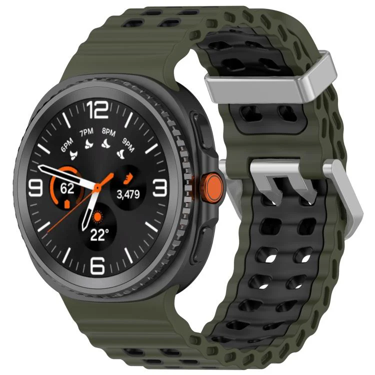For Galaxy Watch8 / Watch8 Classic Ocean Two Color Dual-Row Hole Silver Buckle Silicone Watch Band(Army Green Black)