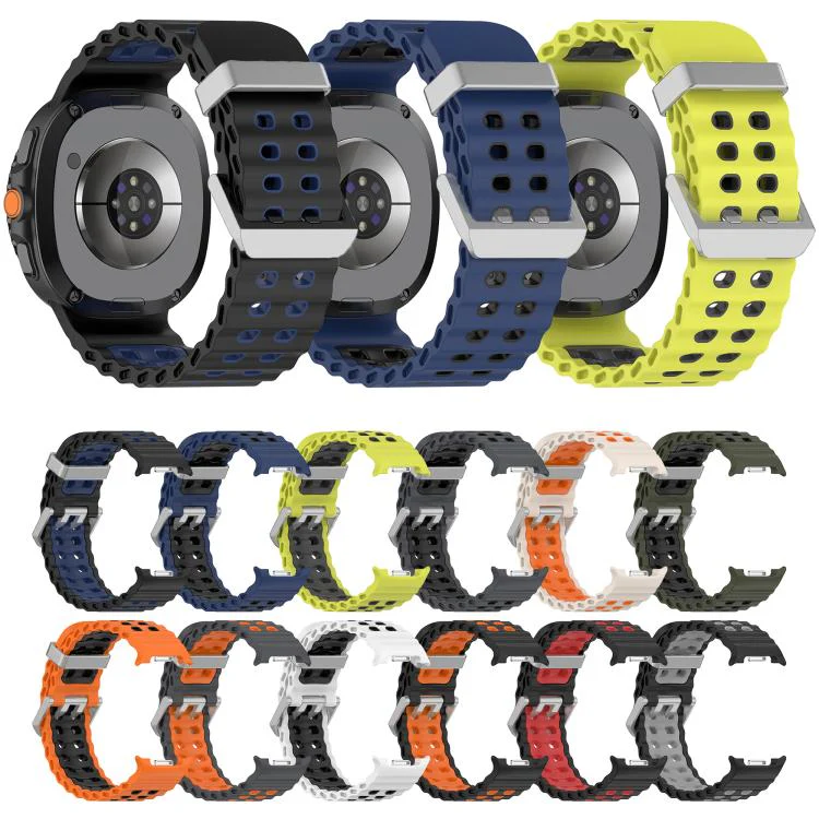 For Galaxy Watch8 / Watch8 Classic Ocean Two Color Dual-Row Hole Silver Buckle Silicone Watch Band(Army Green Black) - Image 6