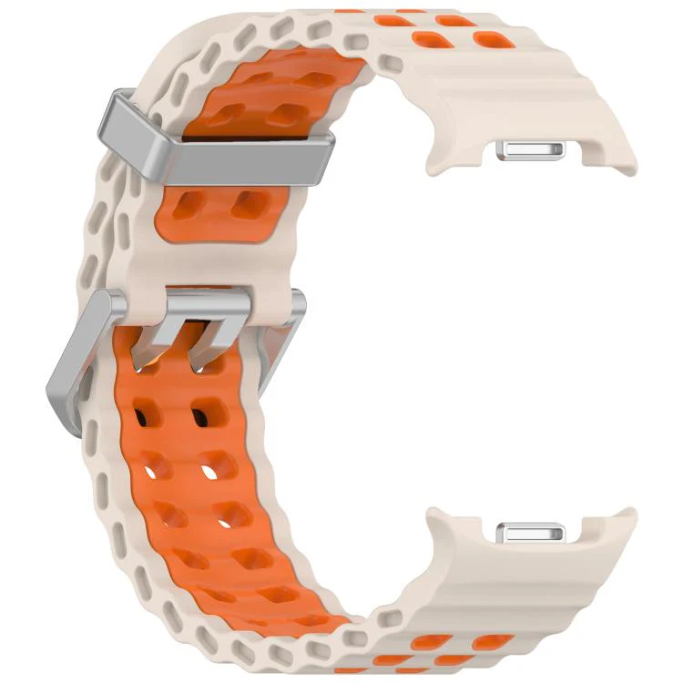 For Galaxy Watch8 / Watch8 Classic Ocean Two Color Dual-Row Hole Silver Buckle Silicone Watch Band(Starlight Orange) - Image 3
