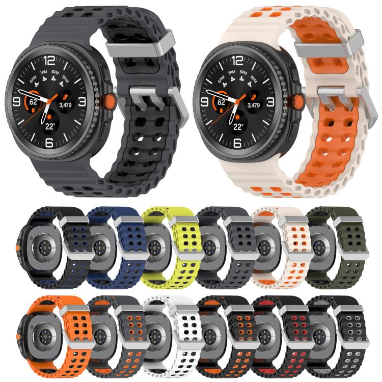For Galaxy Watch8 / Watch8 Classic Ocean Two Color Dual-Row Hole Silver Buckle Silicone Watch Band(White Black) - Image 5