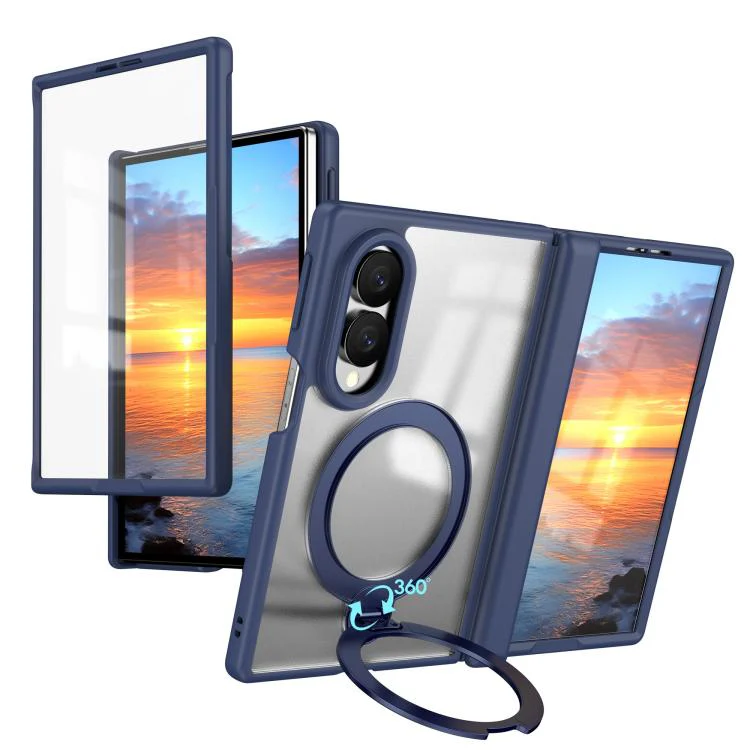 For Galaxy Z Fold8 5G Hinge 360 Rotation Magnetic Ring Holder Integrated Film Phone Case(Blue)