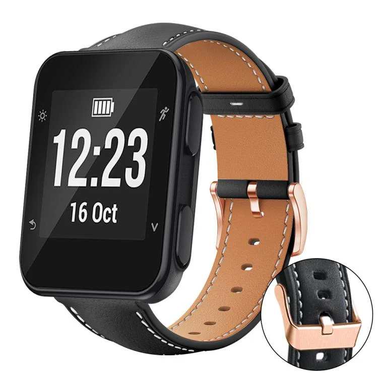 For Garmin Forerunner 35/30/35j xDfind Rose Gold Buckle Black Shark Fine Grain Vegan Leather Watch Band(Black)