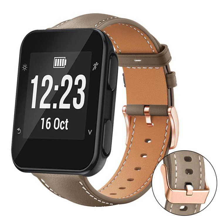 For Garmin Forerunner 35/30/35j xDfind Rose Gold Buckle Black Shark Fine Grain Vegan Leather Watch Band(Earthy Brown)