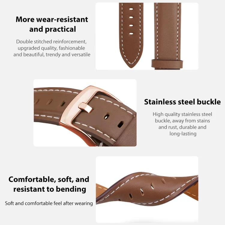 For Garmin Forerunner 35/30/35j xDfind Rose Gold Buckle Black Shark Fine Grain Vegan Leather Watch Band(Earthy Brown) - Image 6
