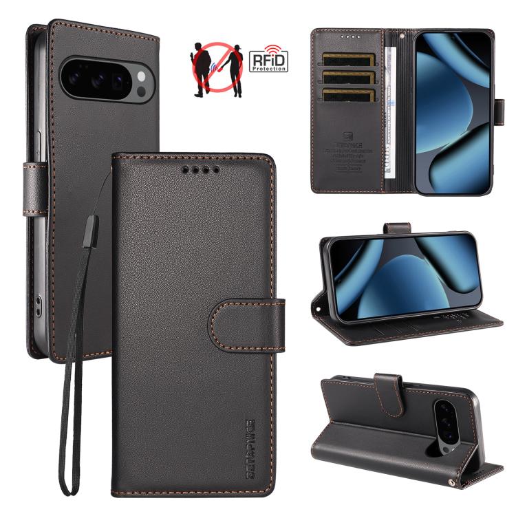 For Google Pixel 11 / 11 Pro / 10 / 10 Pro BETOPNICE Pearlescent RFID Vegan Leather Phone Case with Strap(Black)