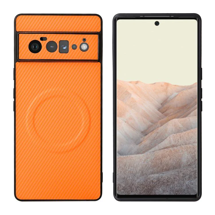 For Google Pixel 6 Pro Precise Cutout Carbon Fiber Texture Vegan Leather Phone Case(Orange) - Image 2