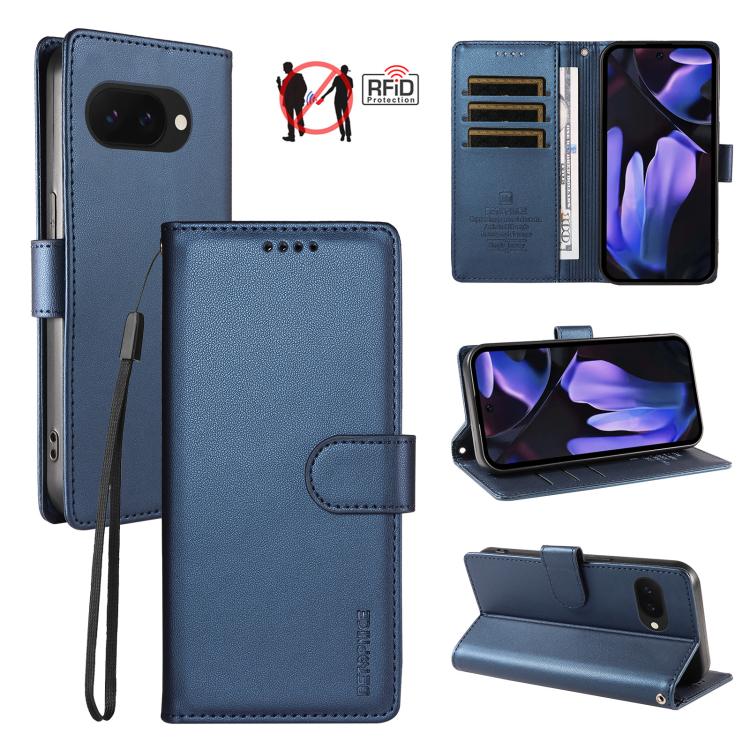 For Google Pixel 9a BETOPNICE Pearlescent RFID Vegan Leather Phone Case with Strap(Blue)