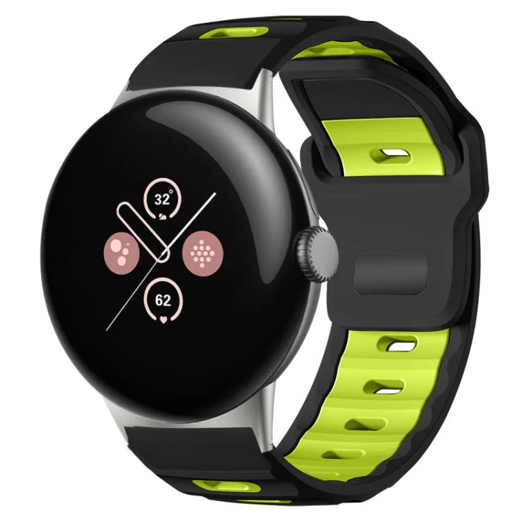For Google Pixel Watch 4 / 3 / 2 / 1 41mm xDfind Flat-head Dual-color Silicone Watch Band(Black+Fluorescent Green)