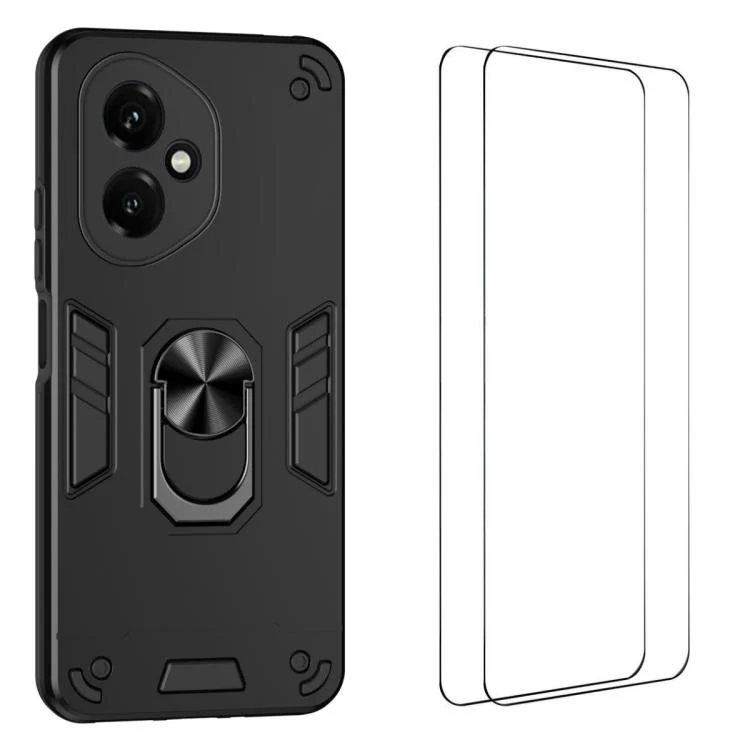 For Honor 400 Global 156.5mm WANLONFENG Armor Kickstand Shockproof Phone Case with 2pcs Screen Films(Black)