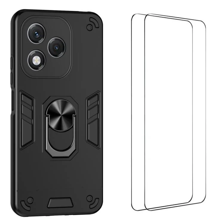For Honor 400 Lite Global WANLONFENG Armor Kickstand Shockproof Phone Case with 2pcs Screen Films(Black)