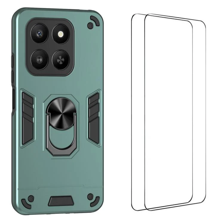 For Honor 400 Smart 5G / 4G / X7d 4G WANLONFENG Armor Kickstand Shockproof Phone Case with 2pcs Screen Films(Green)