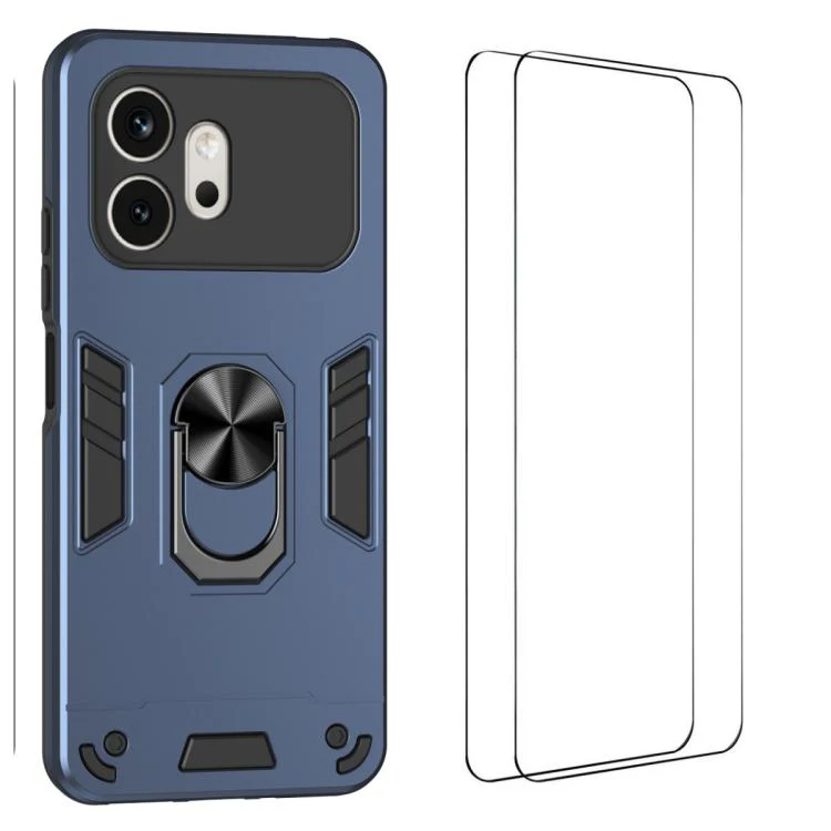 For Honor 600 Global WANLONFENG Armor Kickstand Shockproof Phone Case with 2pcs Screen Films(Blue)