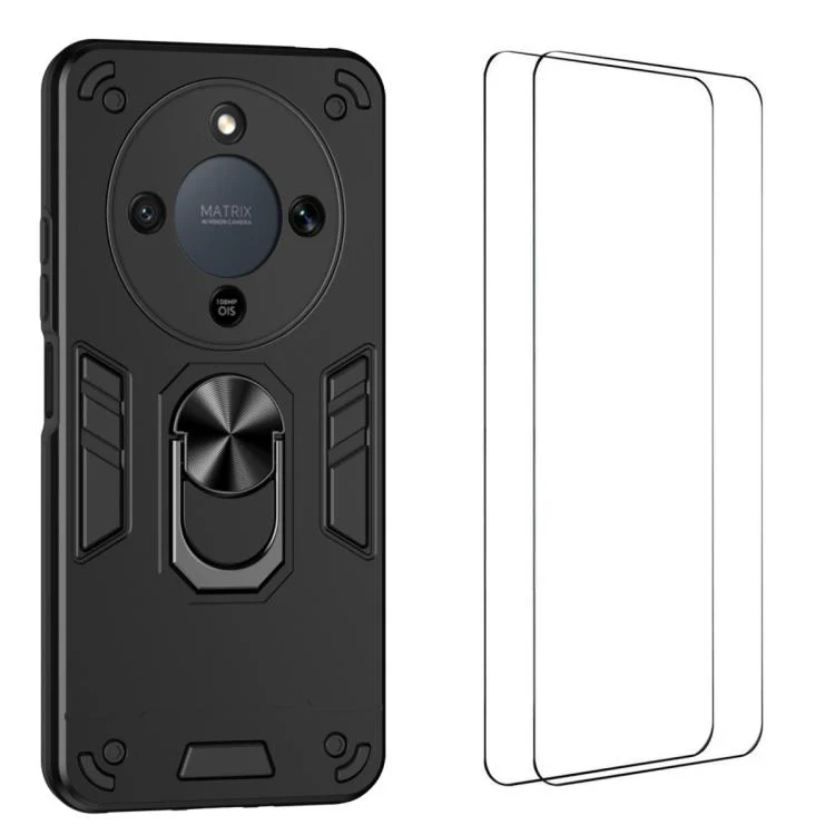 For Honor Magic8 Lite / X9d 5G / X70 5G WANLONFENG Armor Kickstand Shockproof Phone Case with 2pcs Screen Films(Black)