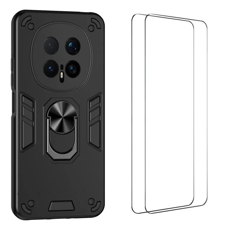 For Honor Magic8 Pro WANLONFENG Armor Kickstand Shockproof Phone Case with 2pcs Screen Films(Black)