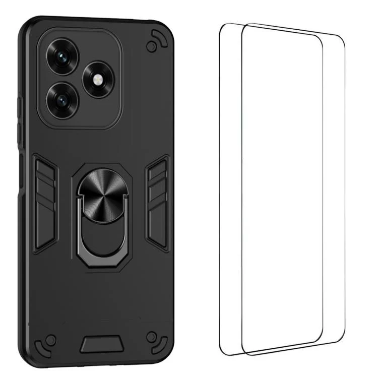 For Honor X5c 4G / X5c Plus 4G WANLONFENG Armor Kickstand Shockproof Phone Case with 2pcs Screen Films(Black)