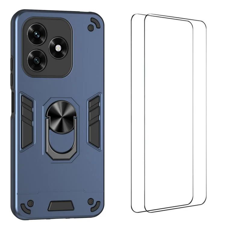 For Honor X5c 4G / X5c Plus 4G WANLONFENG Armor Kickstand Shockproof Phone Case with 2pcs Screen Films(Blue)
