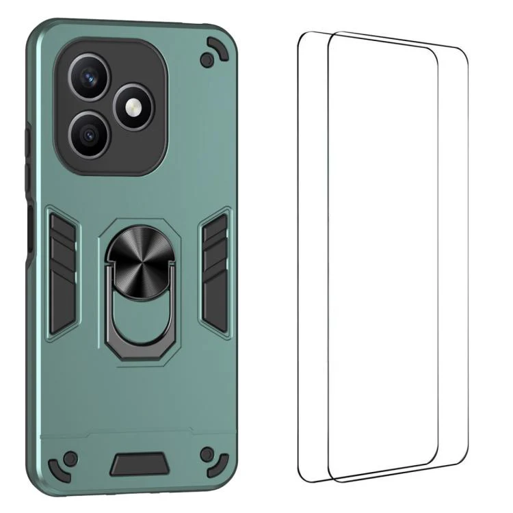 For Honor X8d 4G WANLONFENG Armor Kickstand Shockproof Phone Case with 2pcs Screen Films(Green)