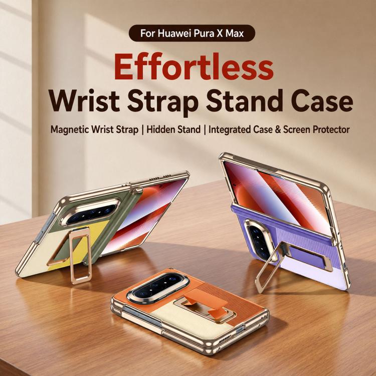 For Huawei Pura X Max Wristband Holder Integrated Film Vegan Leather Phone Case(Orange) - Image 2