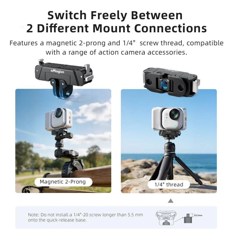 For Insta360 GO Ultra AMagisn 360-Degree Rotatable Metal Magnetic Quick-Release Mount With 1/4-Inch Thread And 2-Prong Base(Black) - Image 8
