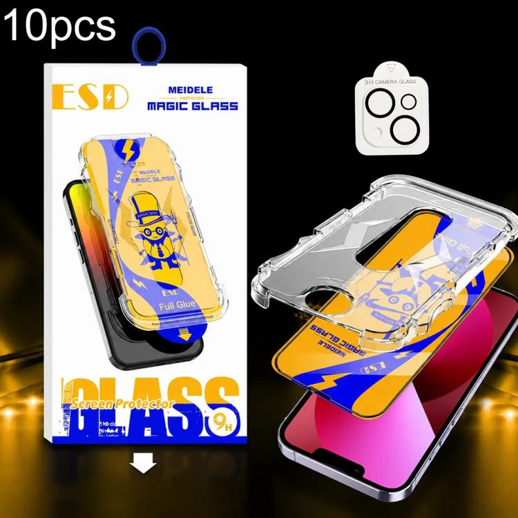 For iPhone 14 / 13 10pcs MEIDELE Easy Install Dust-proof Box HD Tempered Glass Film with Lens Film
