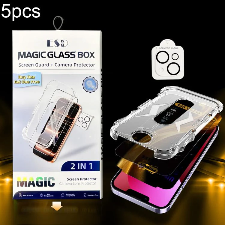 For iPhone 14 / 13 5pcs Easy Install Dust-proof Box 360 Privacy Tempered Glass Film with Lens Film