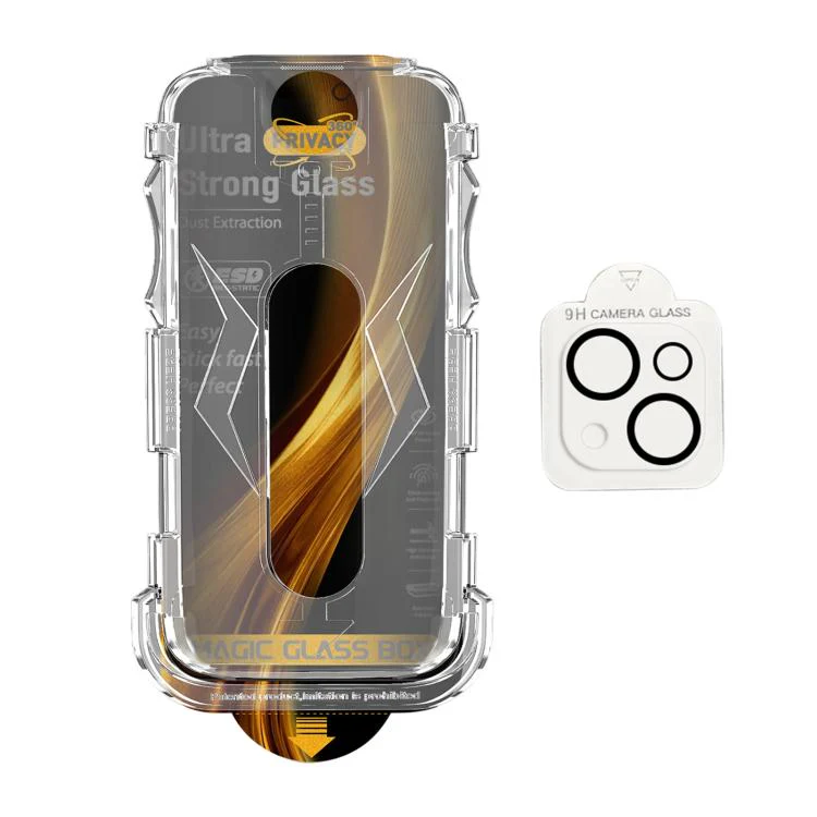 For iPhone 14 / 13 5pcs Easy Install Dust-proof Box 360 Privacy Tempered Glass Film with Lens Film - Image 2