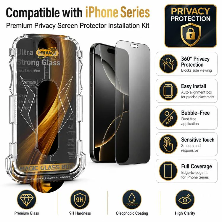 For iPhone 14 / 13 5pcs Easy Install Dust-proof Box 360 Privacy Tempered Glass Film with Lens Film - Image 4