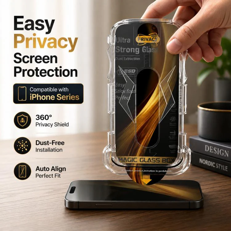 For iPhone 14 / 13 5pcs Easy Install Dust-proof Box 360 Privacy Tempered Glass Film with Lens Film - Image 5