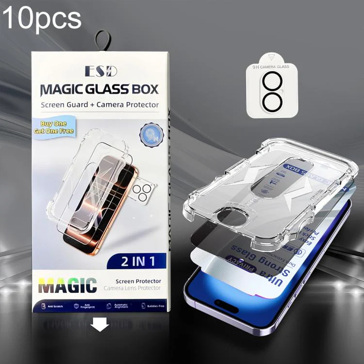 For iPhone 16 10pcs USG Easy Install Dust-proof Box Privacy Edge-to-Edge Tempered Glass Film with Lens Film